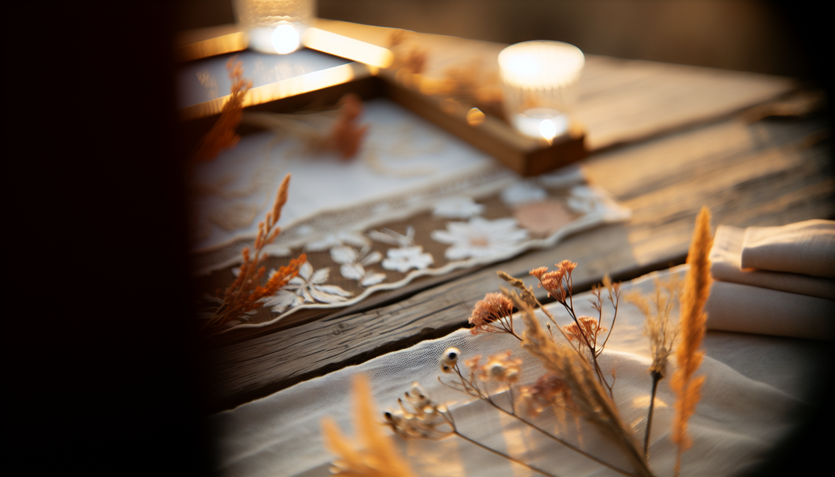 Set de table 'Mariage champêtre' avec motifs floraux et nappe en lin