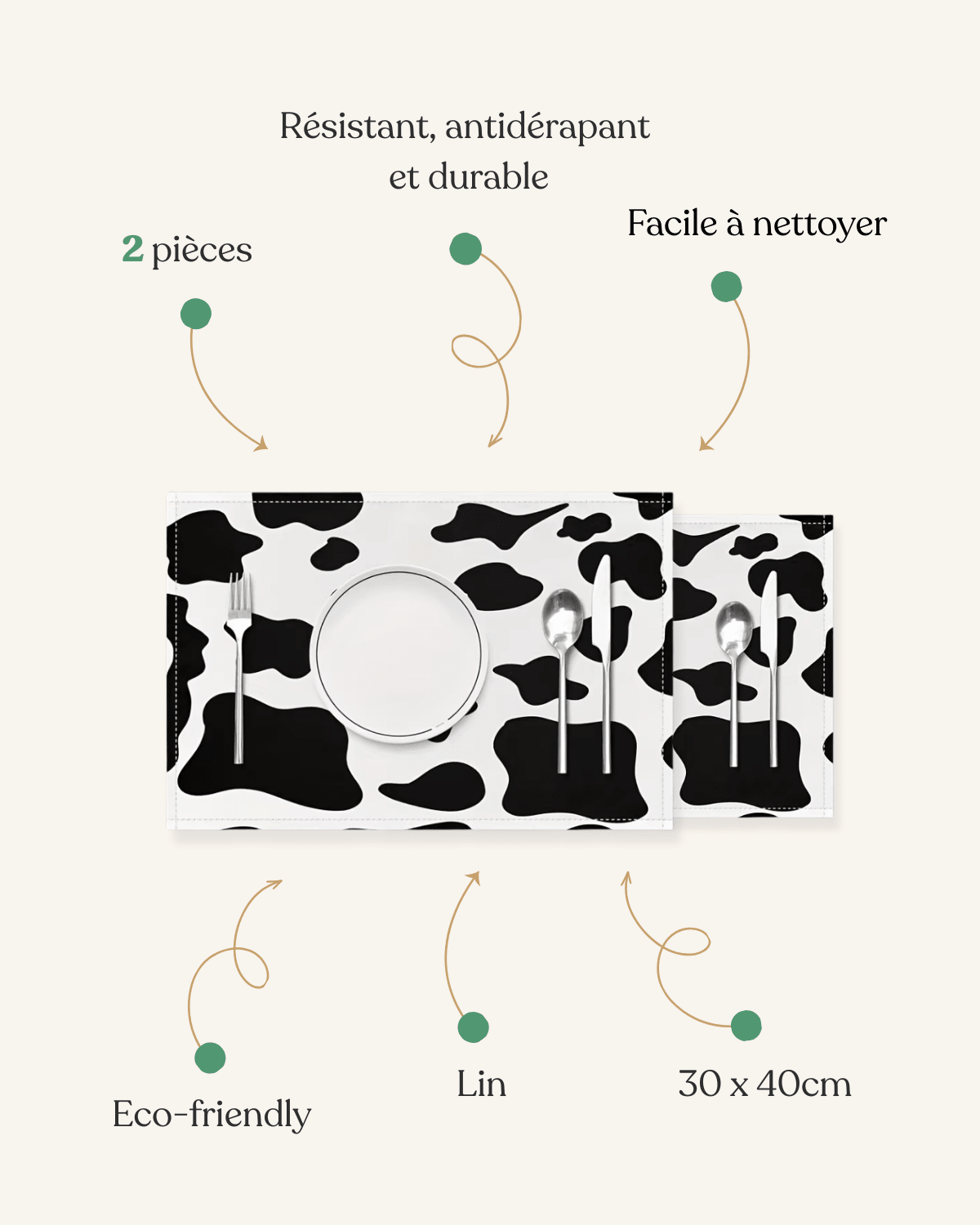 Peau de vache set de table Blanc et noir - Matabledeco